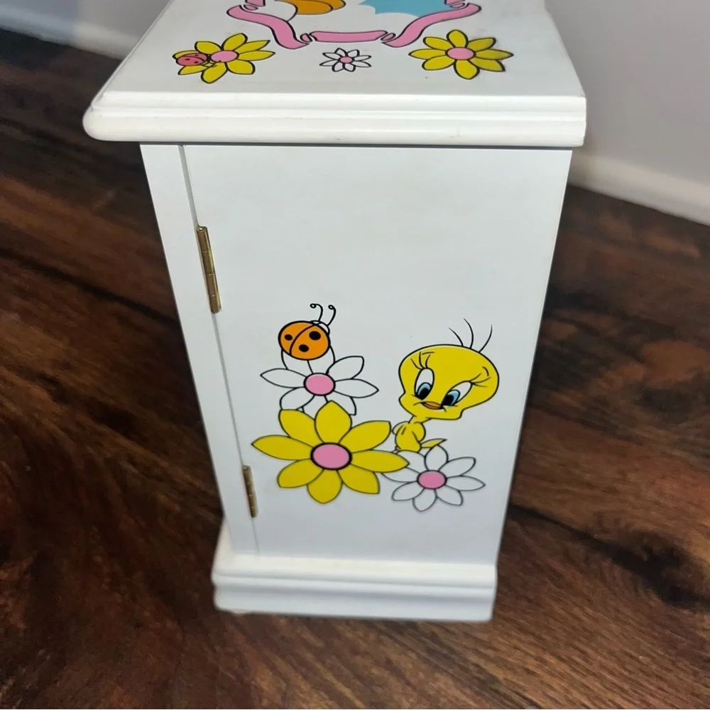 Y2K 1999 Vintage LOONEY TUNES Tweety Bird Wood Glass Pink Jewelry Box Rare
